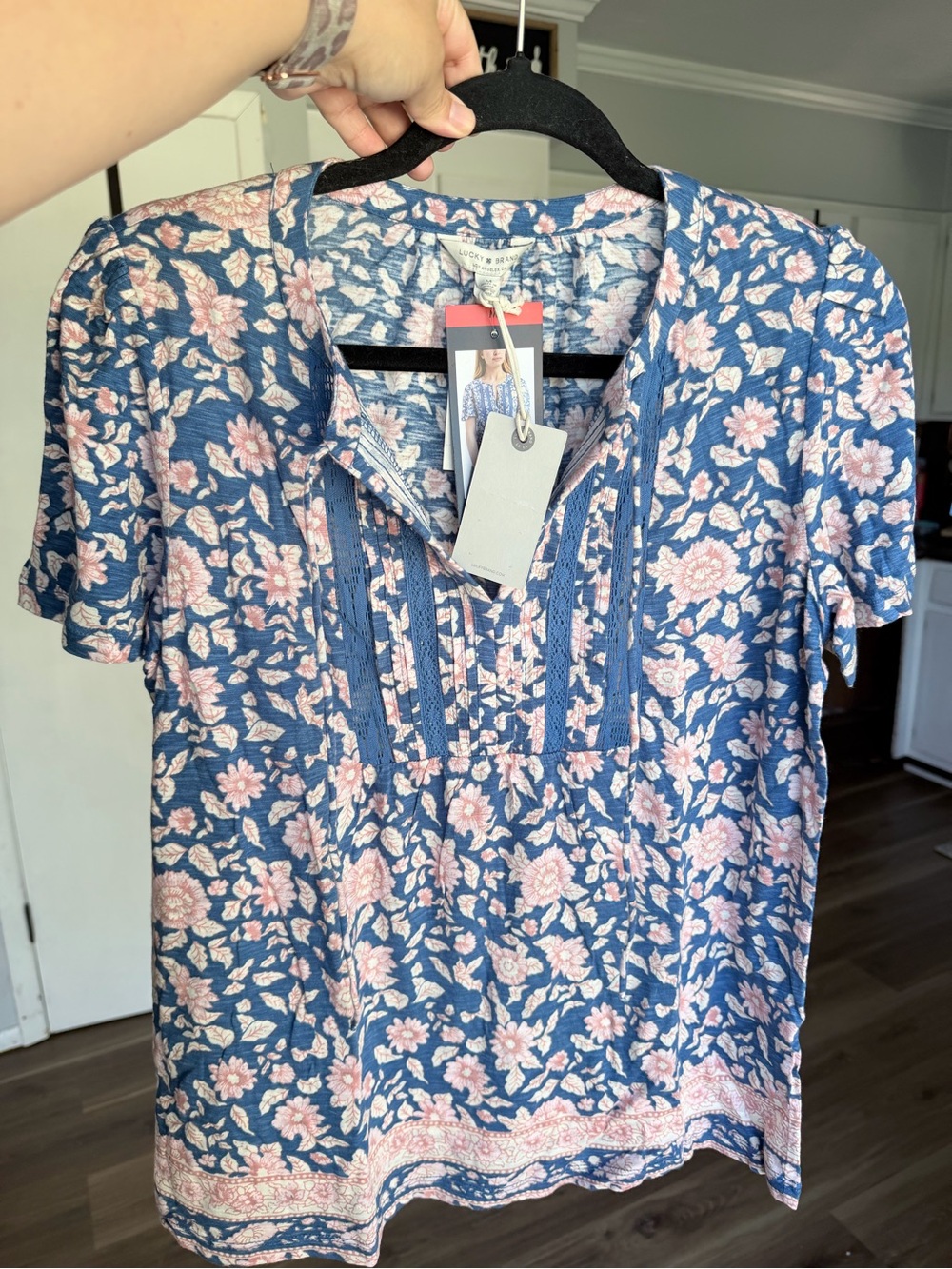 Lucky Brand Blue and Pink Floral Short Sleeve Tee